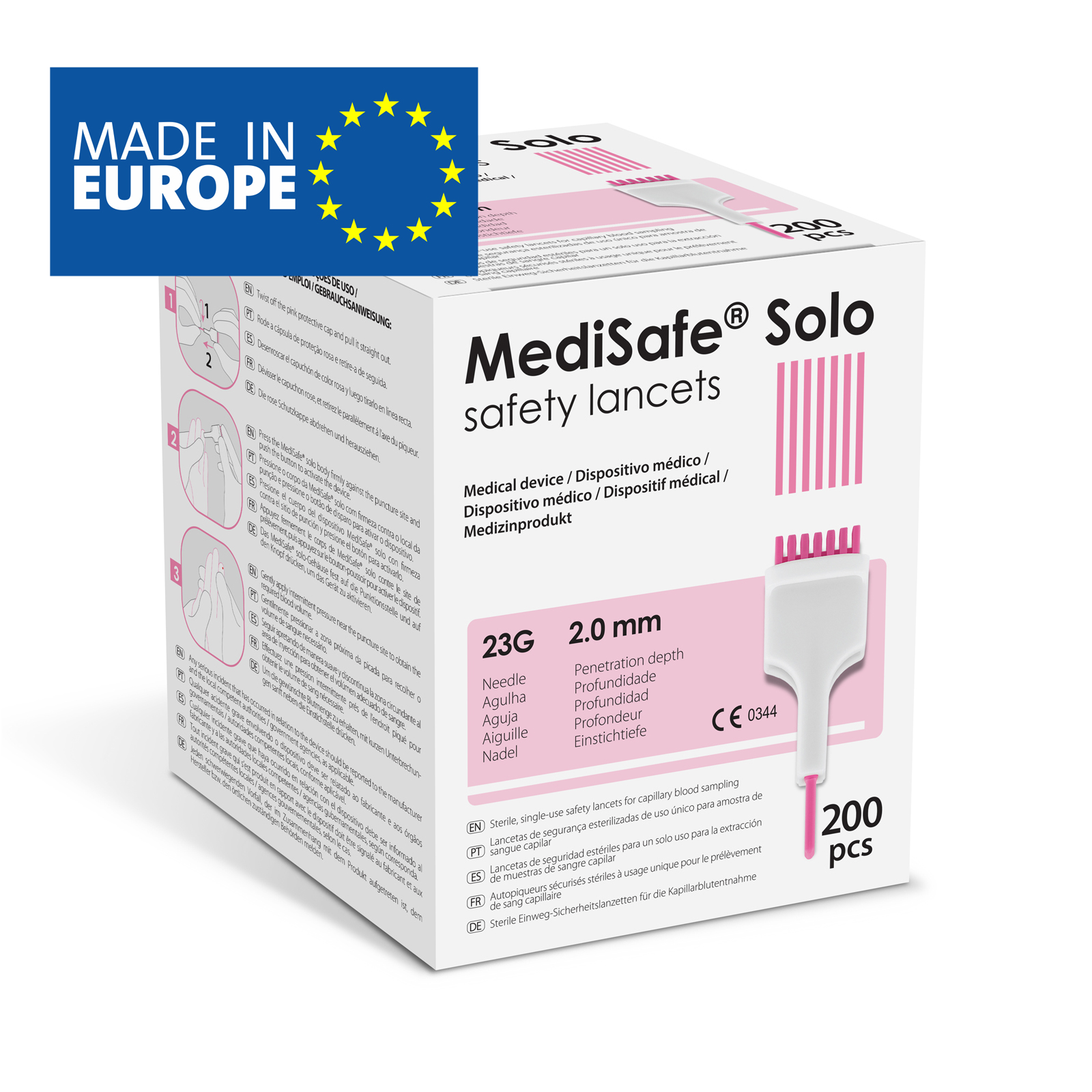 MediSafe Solo Ланцети безпечні стерильні одноразового використання, Кінчик голки 23G, Глибина проникнення 2,0 мм, HTL STREFA, Польща.